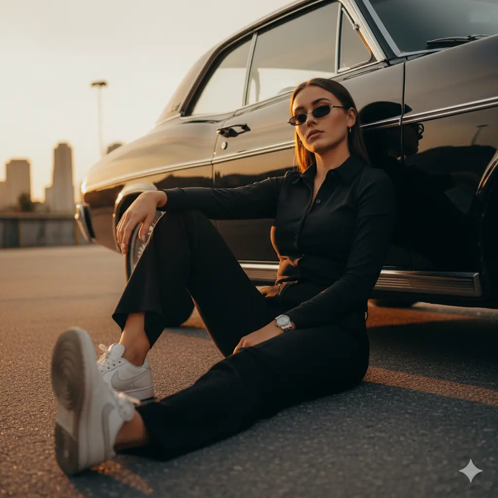 Golden Hour Cinematic Portrait by a Vintage Car - AI prompt in category Cinematic Portrait