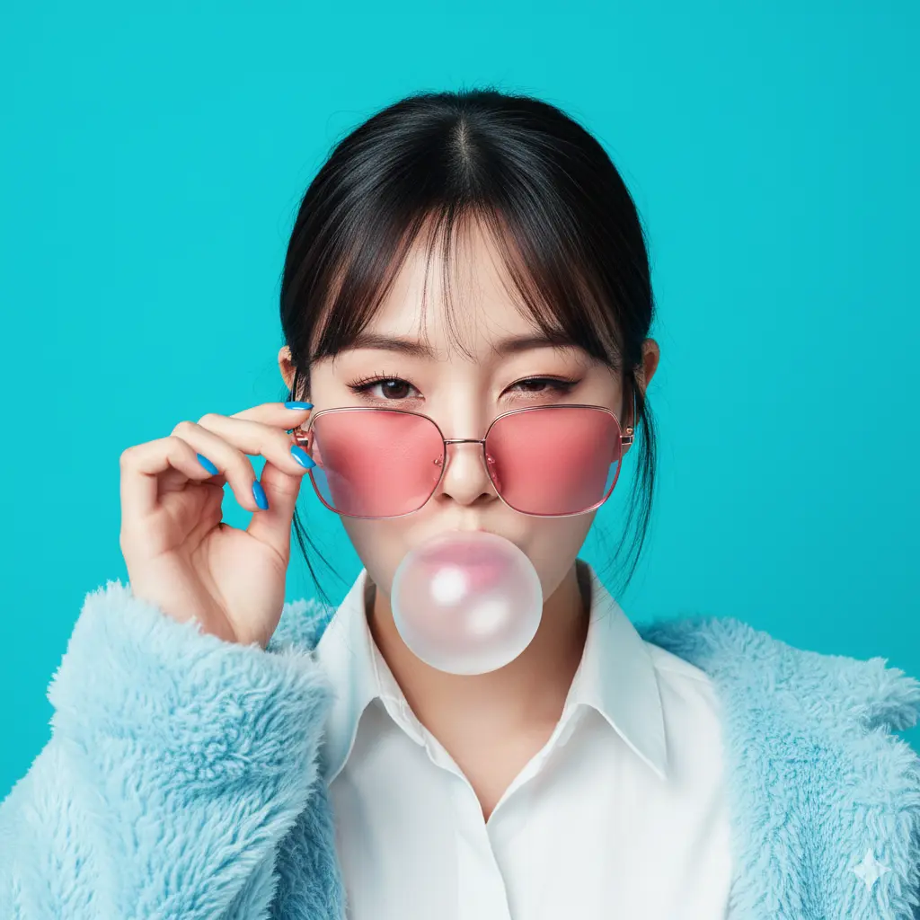 Vibrant Pop-Art Portrait of a Korean Woman with Bubblegum - AI prompt in category Photography